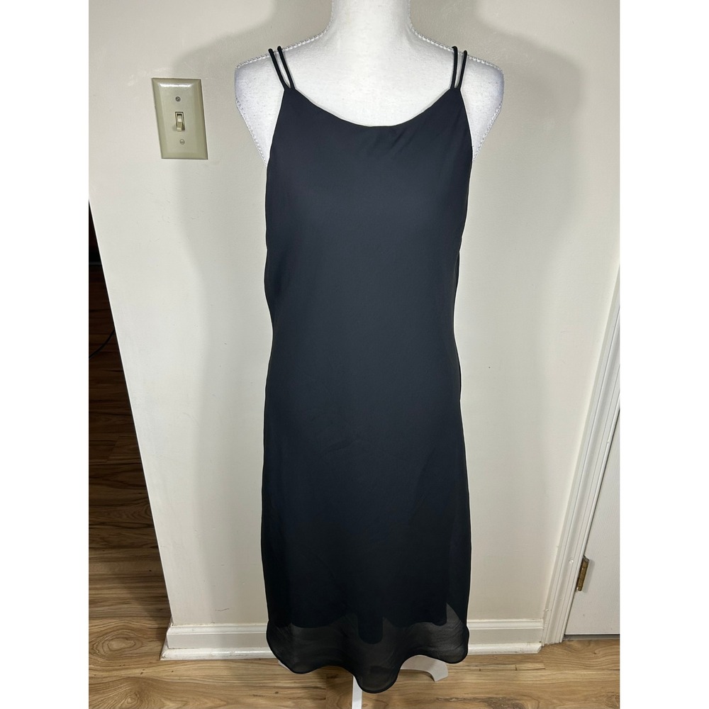 VTG Onyx Nite Midi Slip Dress Black Chiffon Overlay 90s Minimalist CBK‎ LBD Y2K